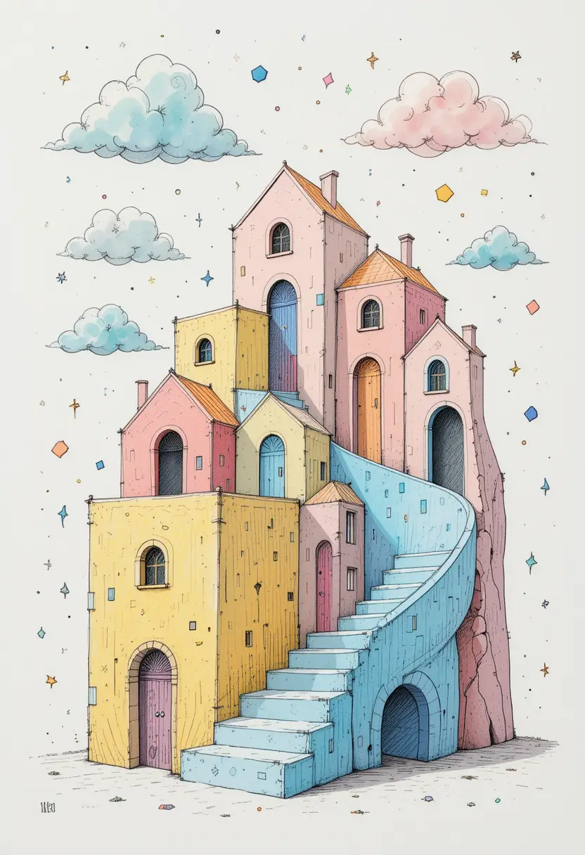 Surreal pastel walkway through whimsical geometric houses