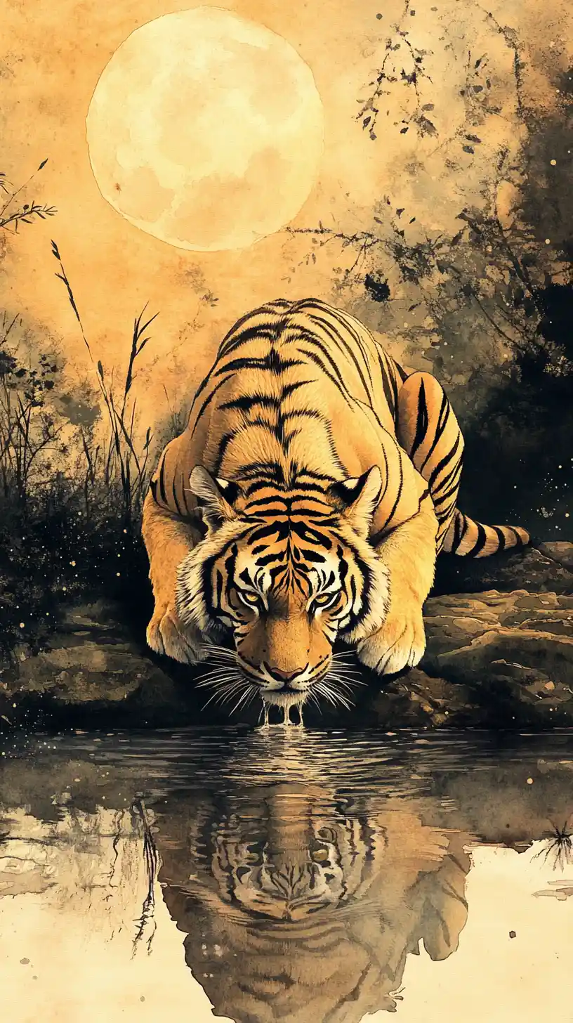Tigre che beve in un fiume calmo al chiaro di luna in acquerello