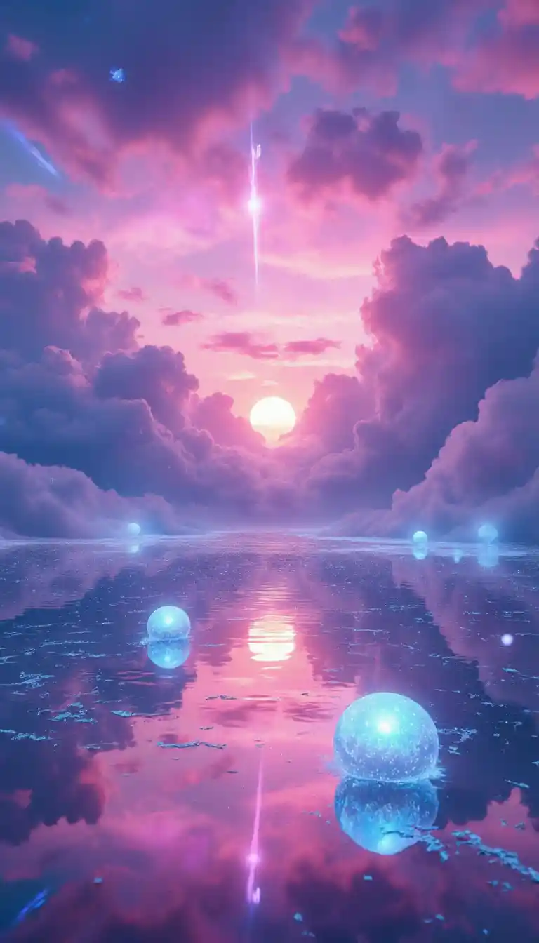 Surreal Neon Sunset Dreamscape With Glowing Orbs