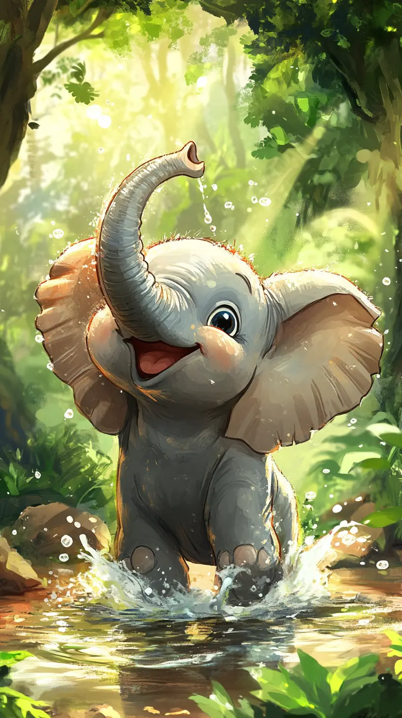 Happy cartoon elephant splashing water in a zoo puddle