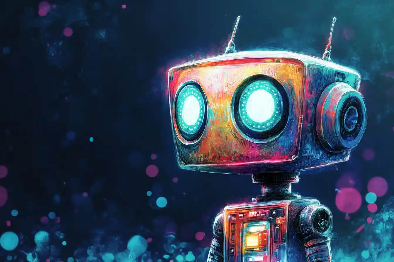 Cute chibi robot at a colorful computer workspace