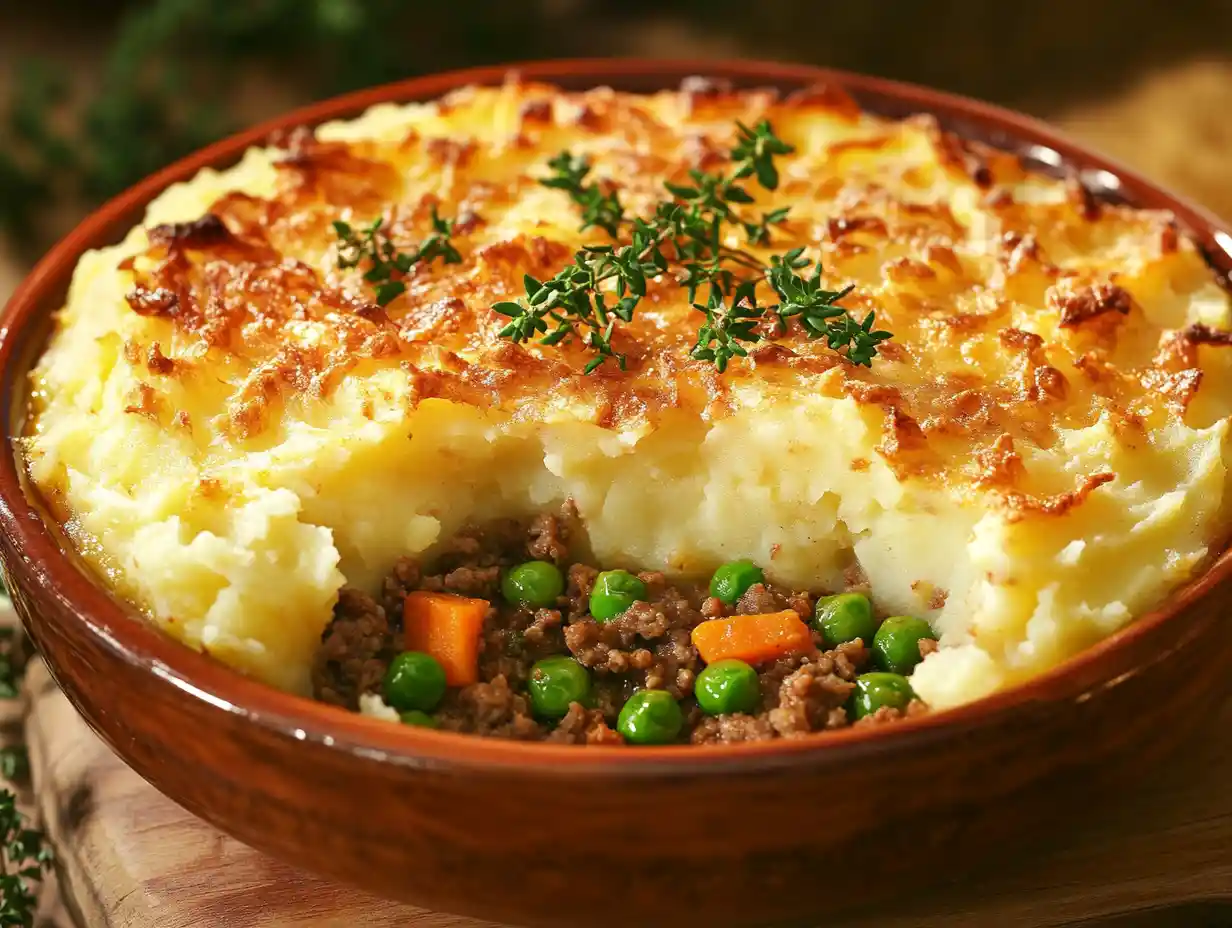 Freshly baked shepherds pie in rustic kitchen setting