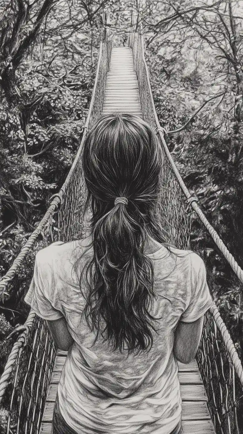 Woman walking on a forest bridge surrounded by nature