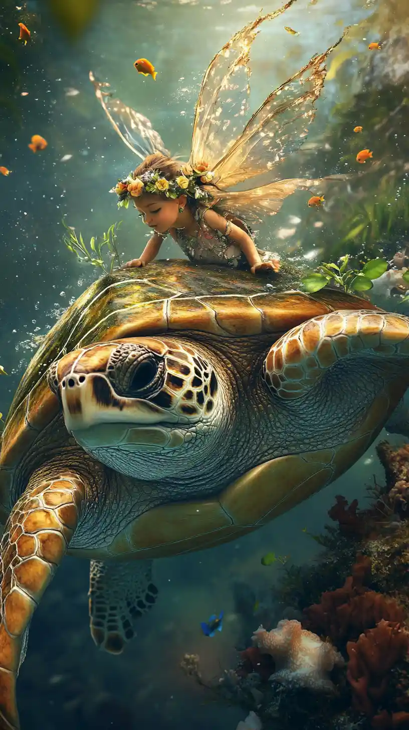 Turtle Portrait With Water Fairy In A Dreamy Underwater World