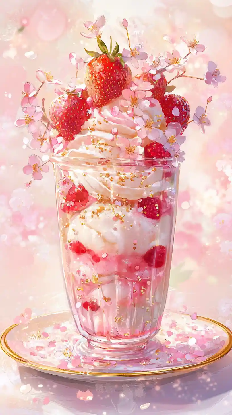 Tall strawberry dessert with cherry blossoms on pink tablecloth