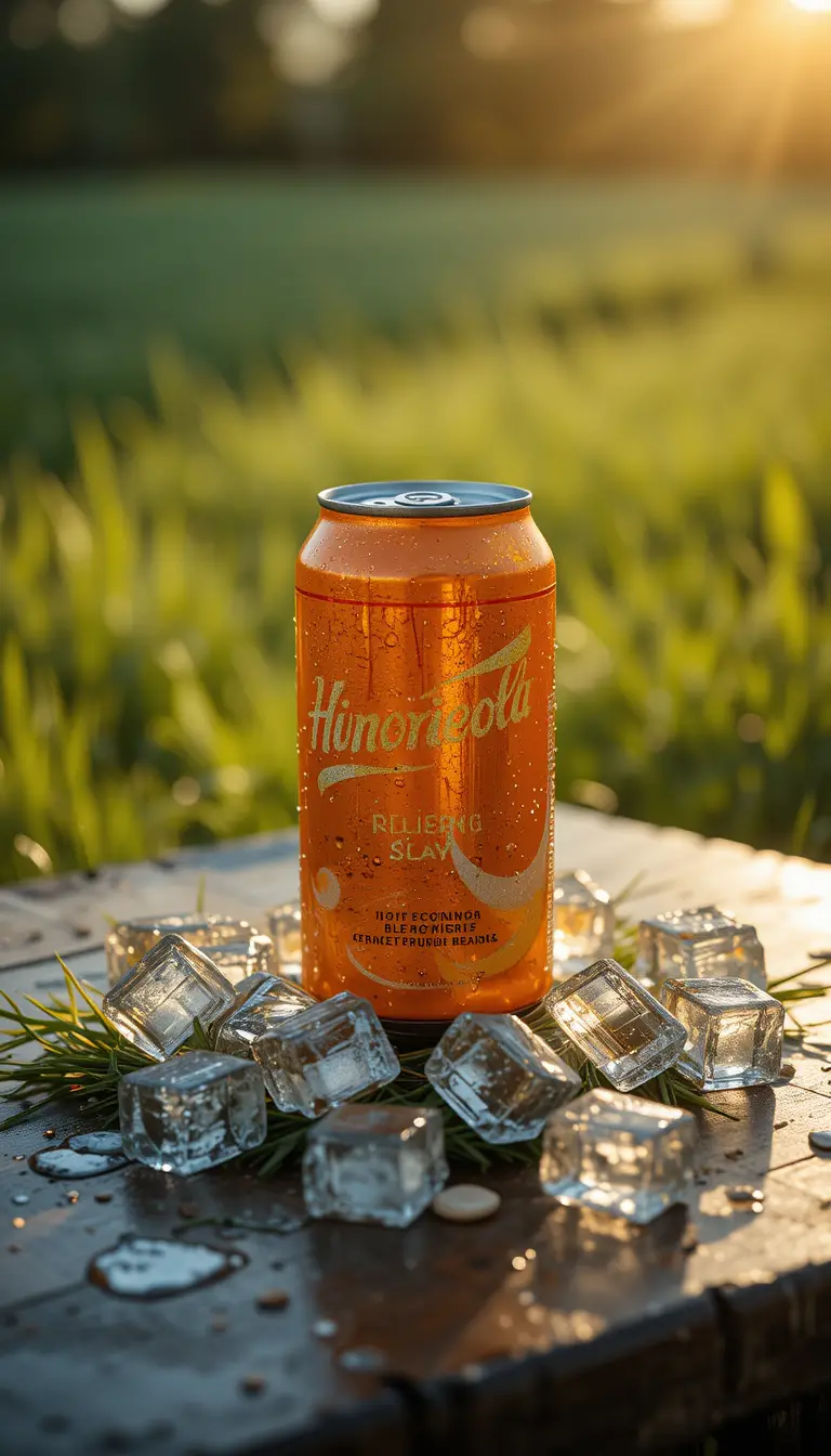 Orange soda can on ice in sunny green field