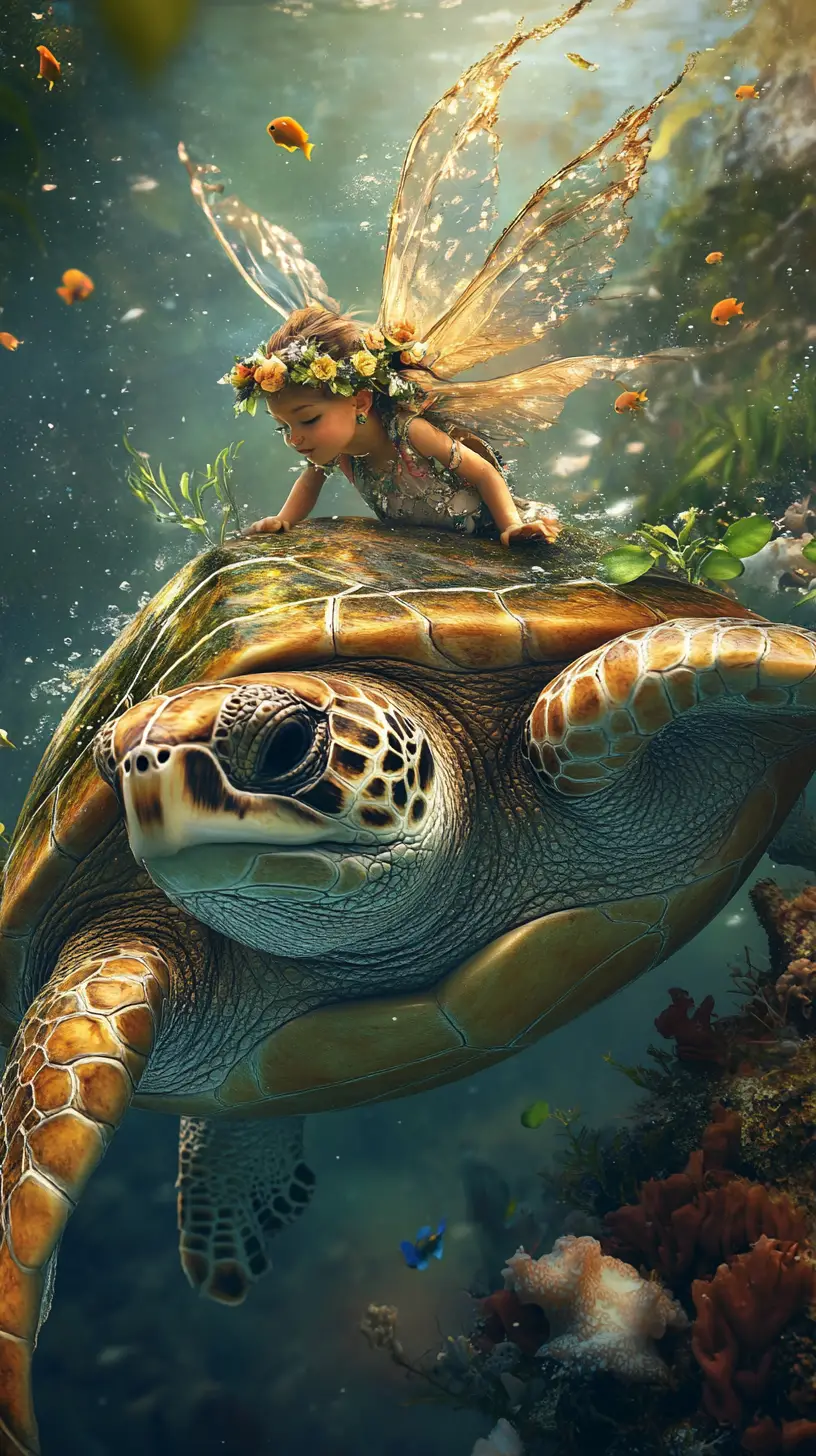 Turtle Portrait With Water Fairy In A Dreamy Underwater World