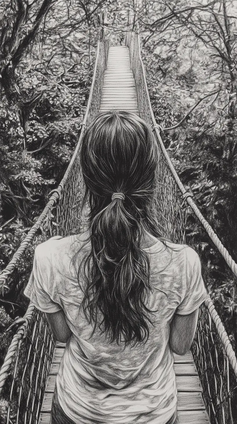 Woman walking on a forest bridge surrounded by nature