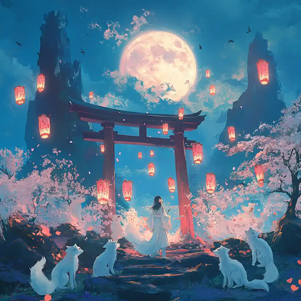 Shrine maiden and spectral foxes under a moonlit sky