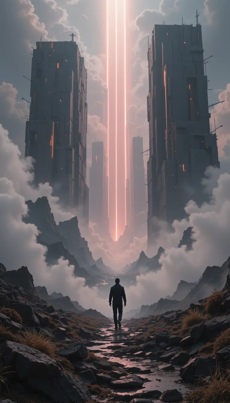 Man walking through a surreal valley of abstract dreams