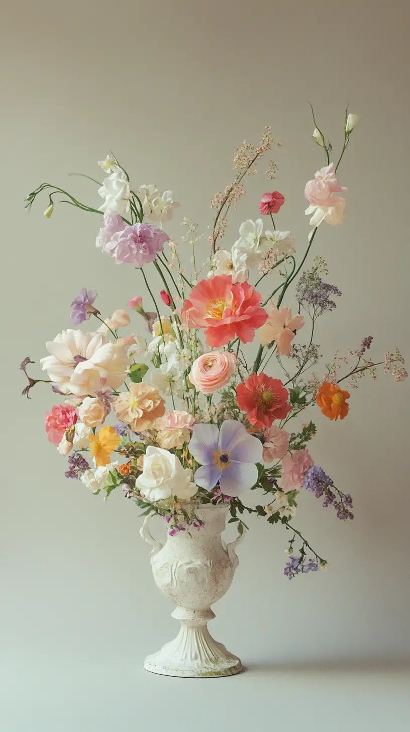 Delicate floral arrangement in a light colored vessel