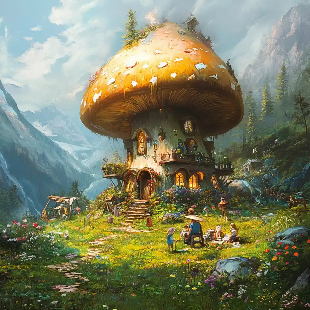 Whimsical mushroom house in a lush fantasy valley