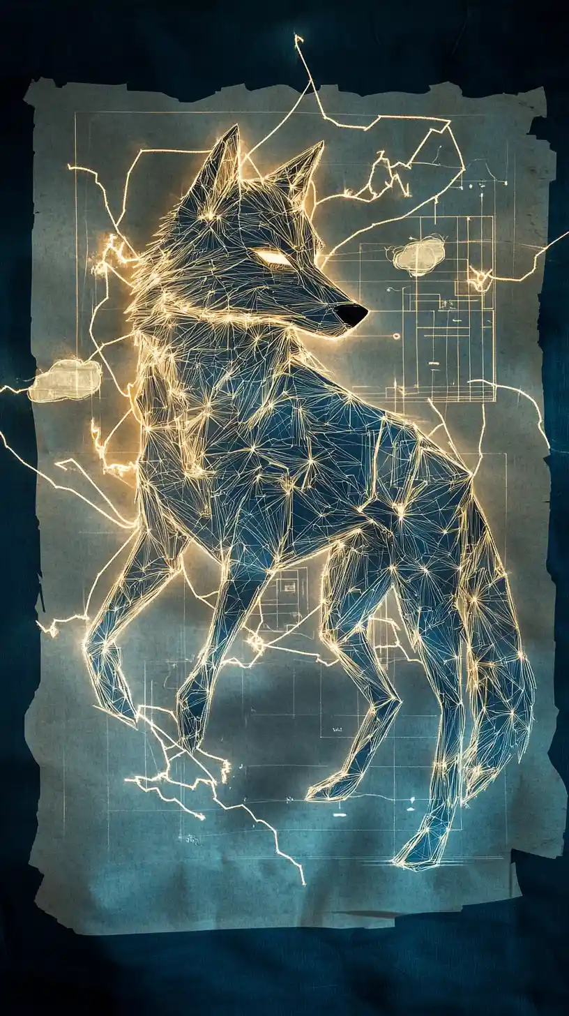 Paper wolf leaping from crackling blueprint with glowing edges
