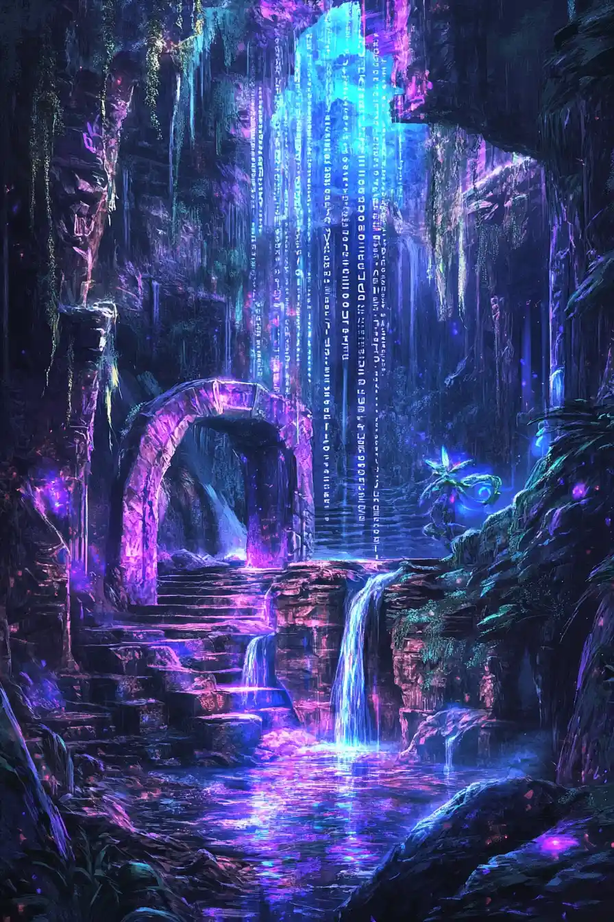 Sanctuaire de pierre caché sous une cascade de code en flux