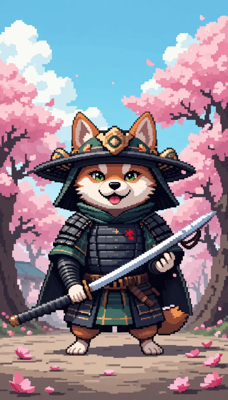 Shiba inu samurai dog under cherry blossom tree