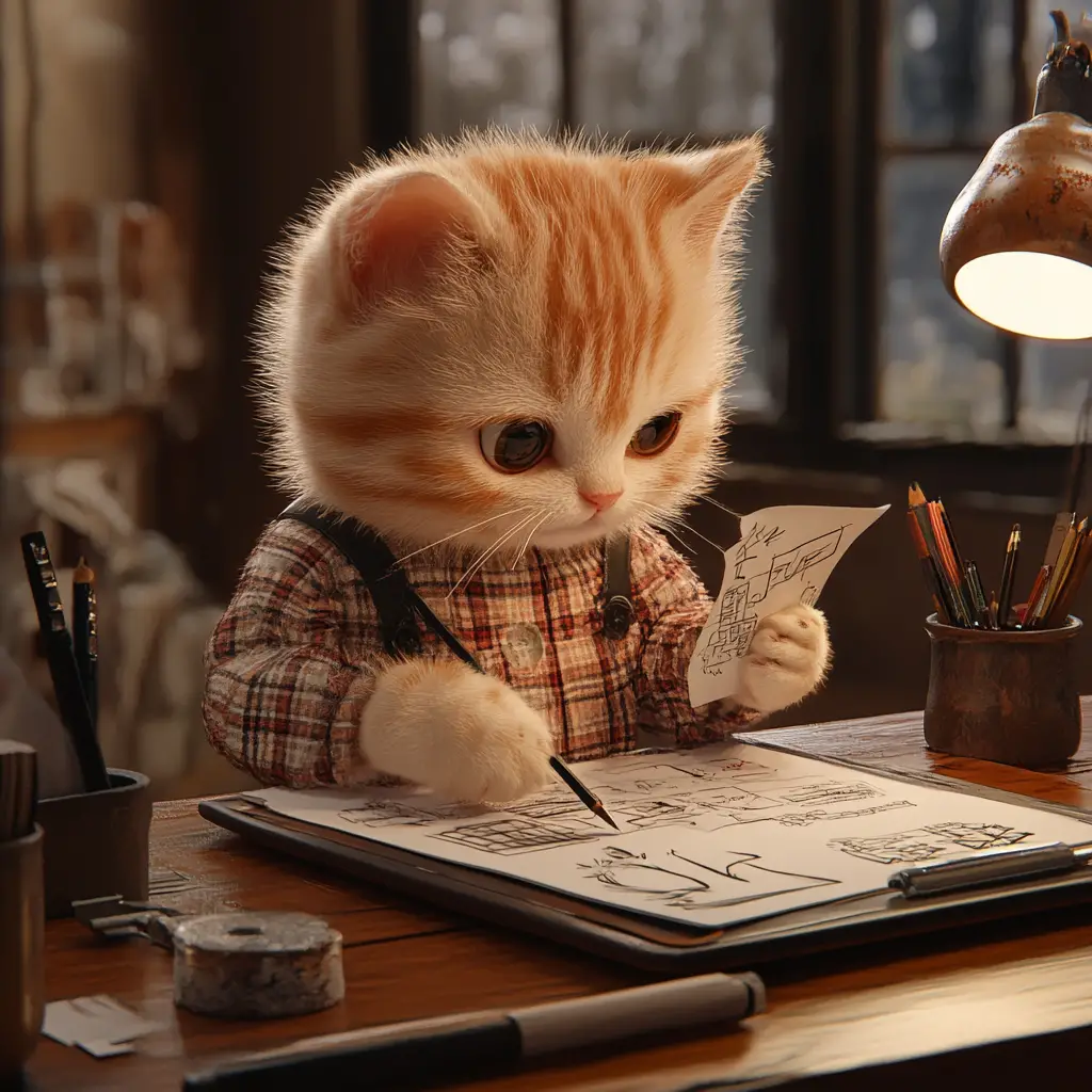 Cute kitten graphic designer in a creative studio scene