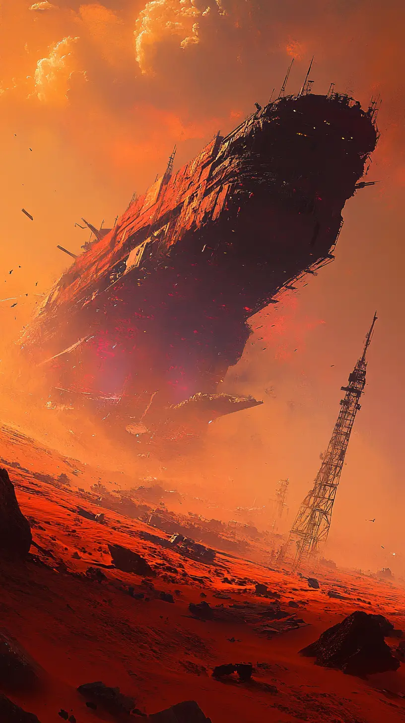 Derelict spaceship on a desolate crimson alien desert world