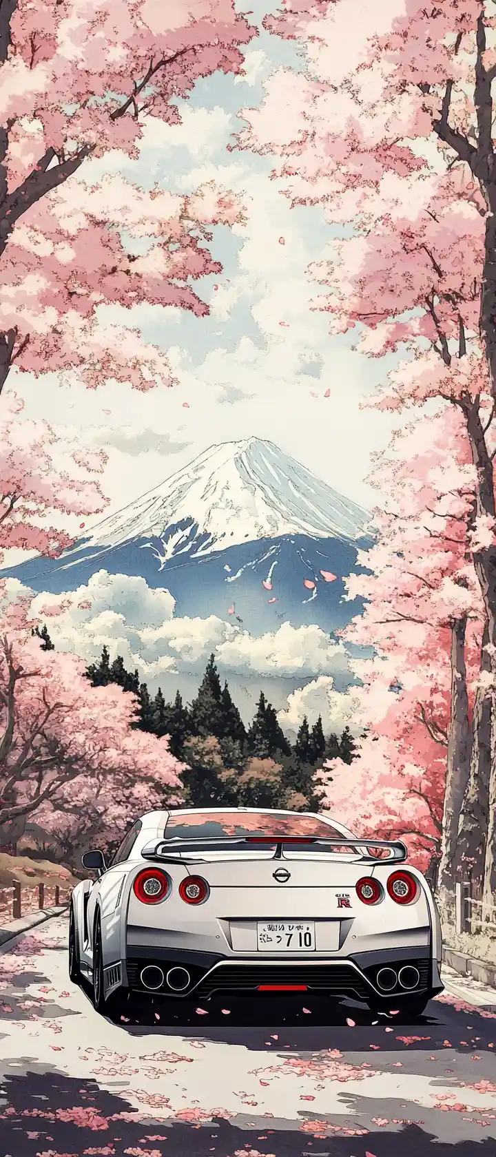 Nissan sports car in Edo style with Mount Fuji view