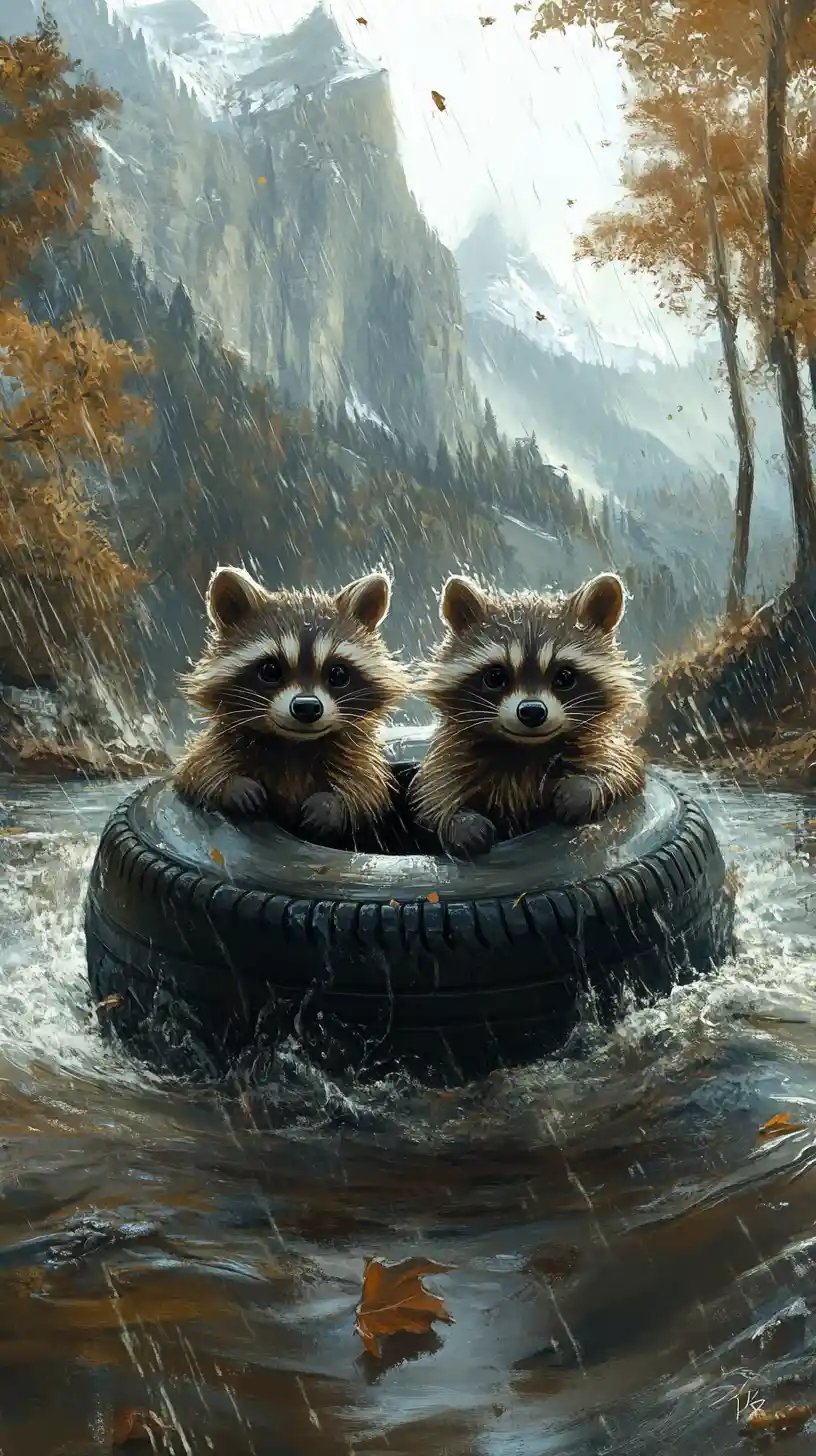 Due procioni che fluttuano su una gomma lungo un fiume piovoso