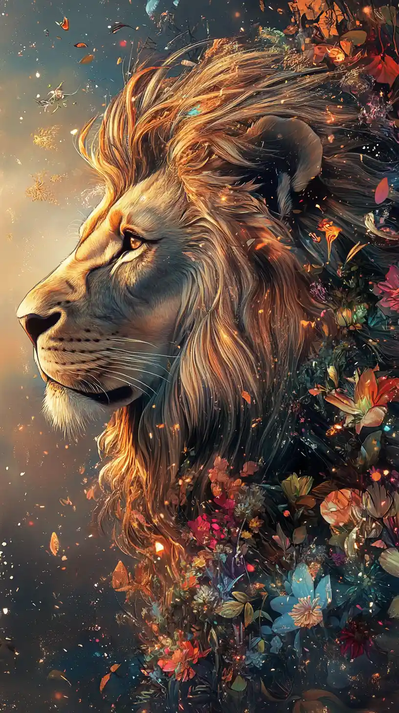 Majestic lion profile in a glowing fantasy savanna