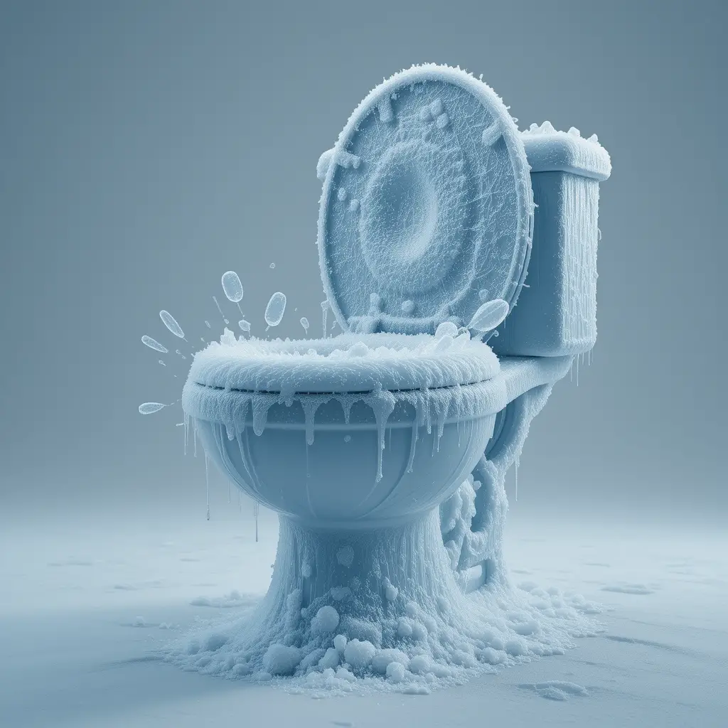 Eingefrorene, von Frost bedeckte Toilette vor sauberem Studiohintergrund