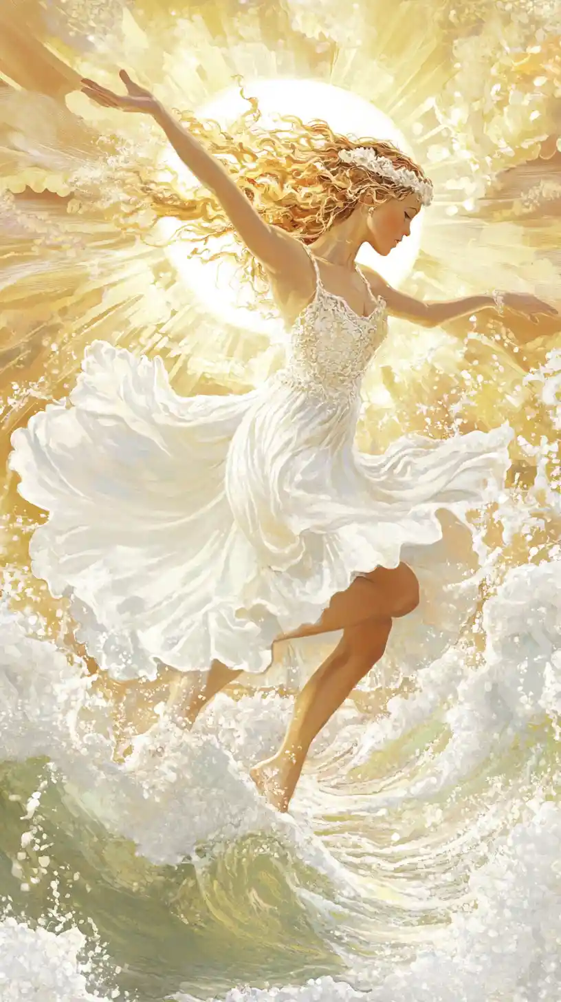 Young goddess rising from ocean foam at dawn