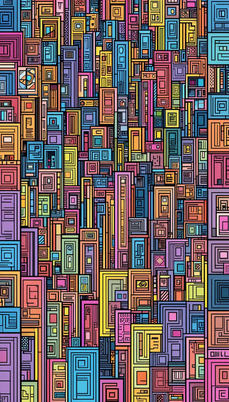 Colorful geometric mosaic city made of patterned squares