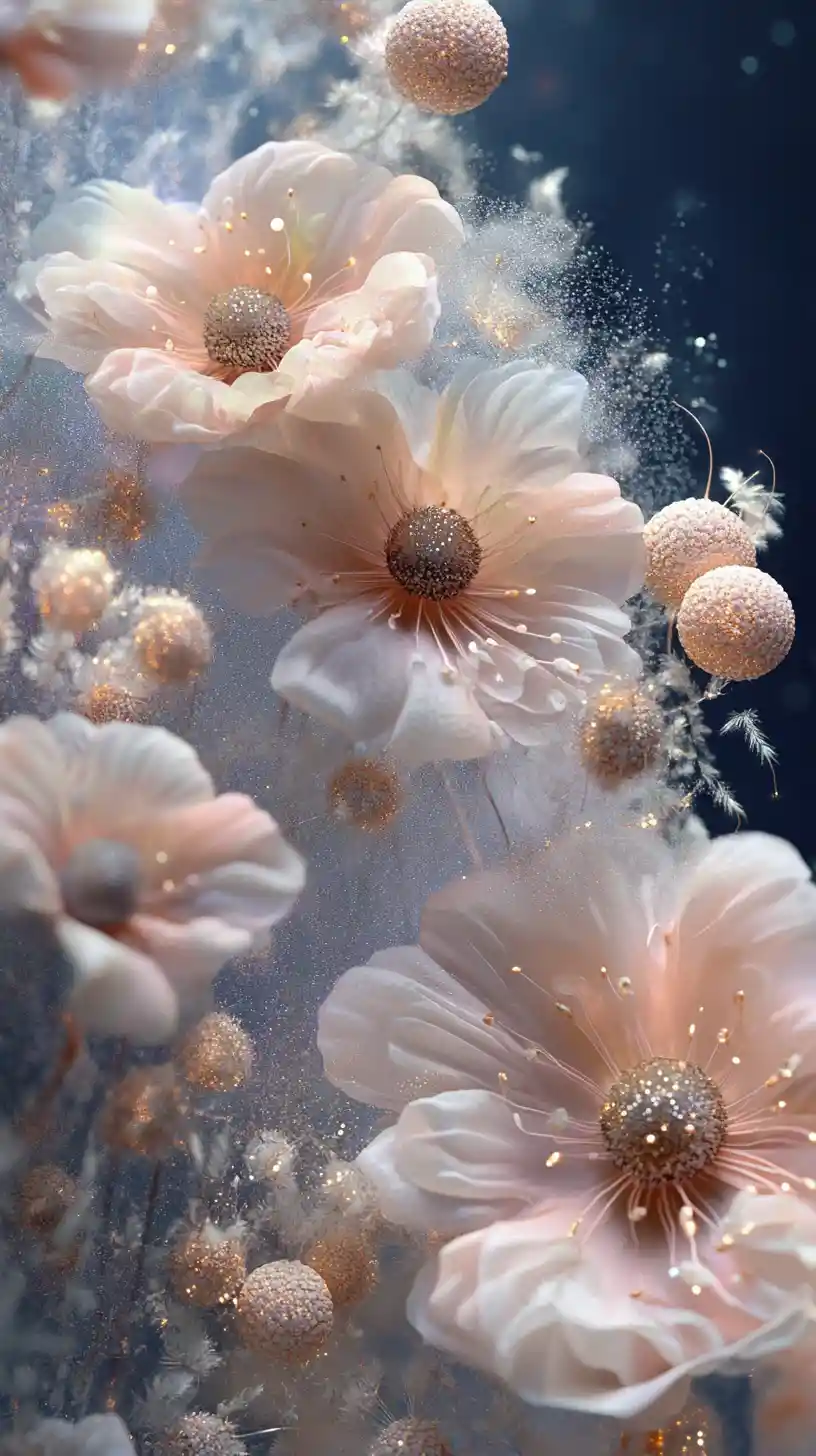 Airy puffy flowers glowing against a dark night sky