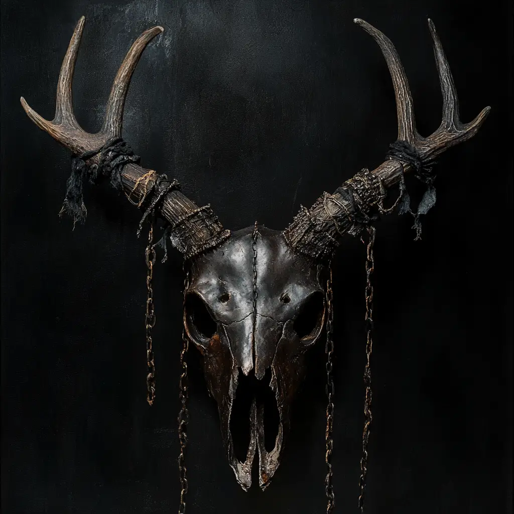 Black deer skull with broken antlers and gothic chains