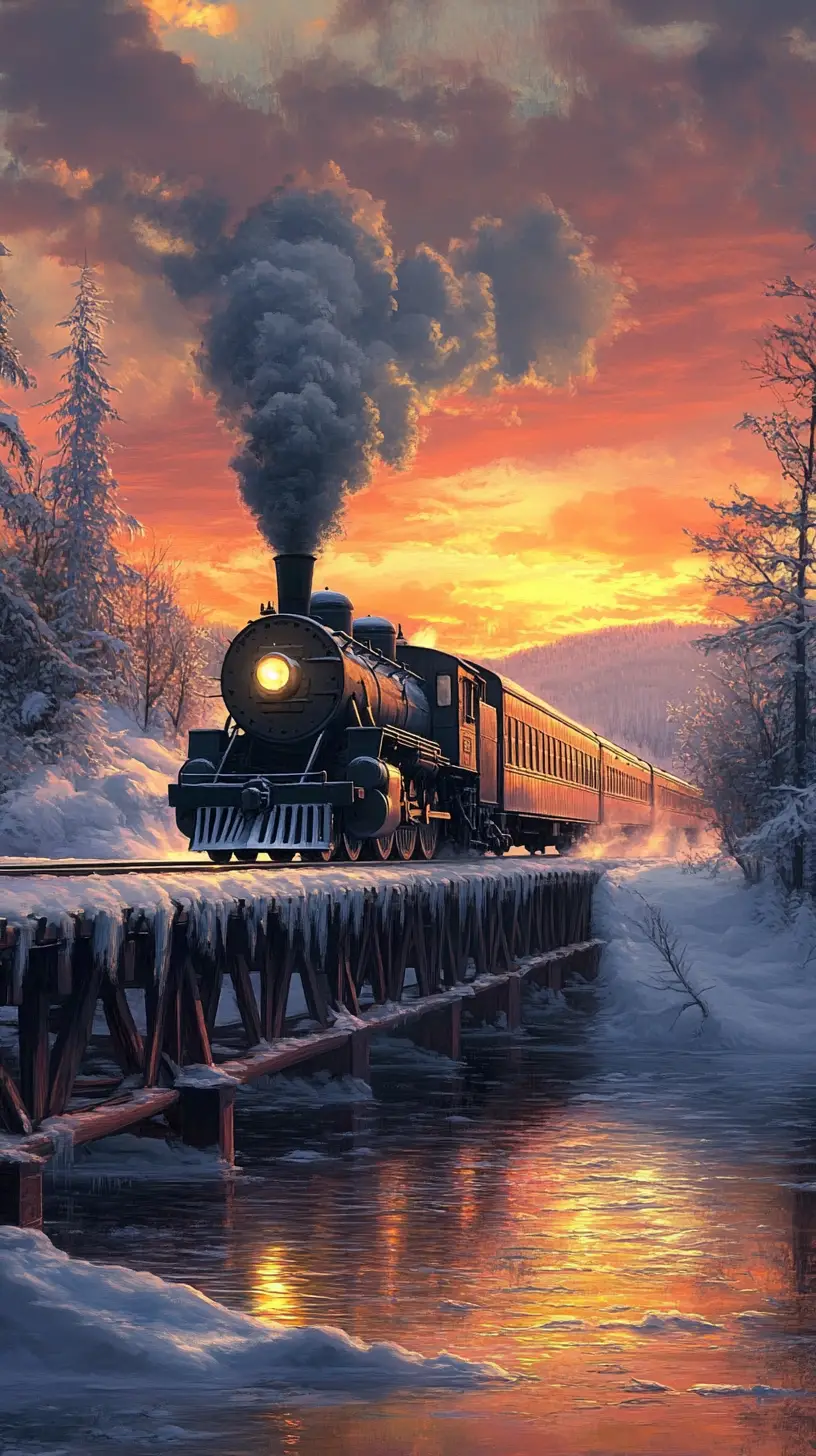 Majestic steam train crossing frozen river at sunset
