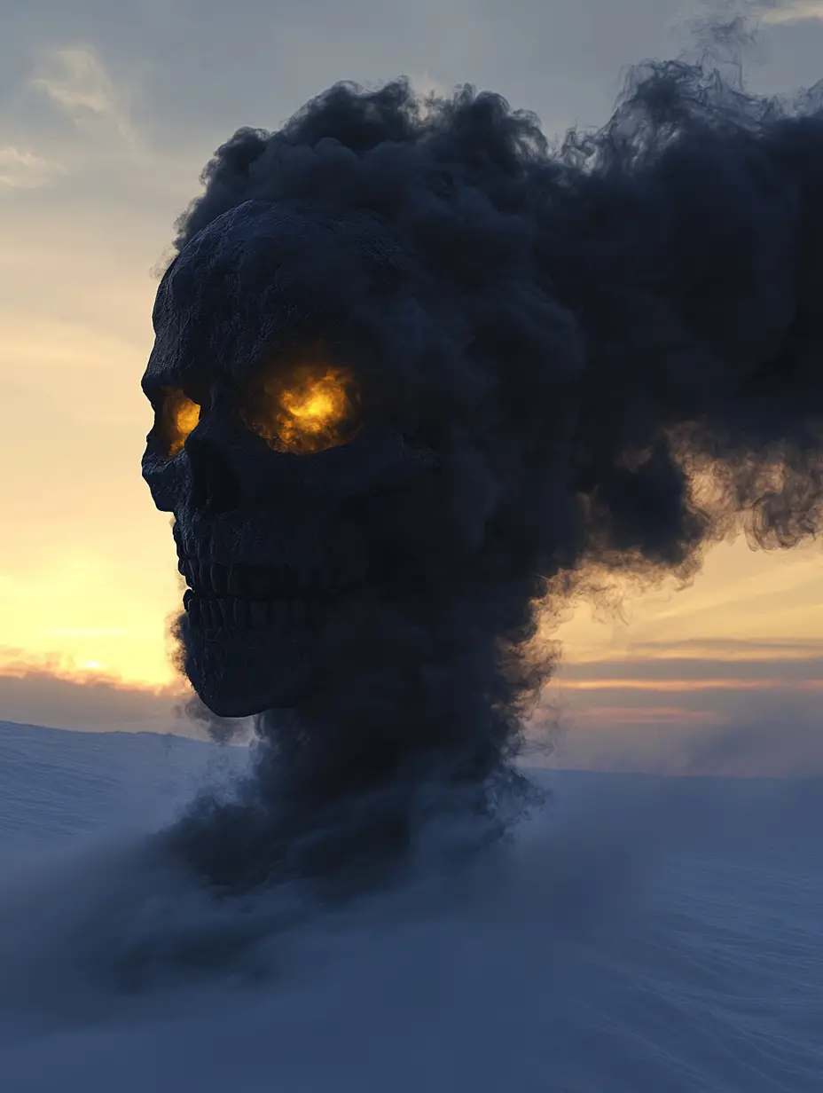 Ominous smoke skeleton looming over distant snowy landscape