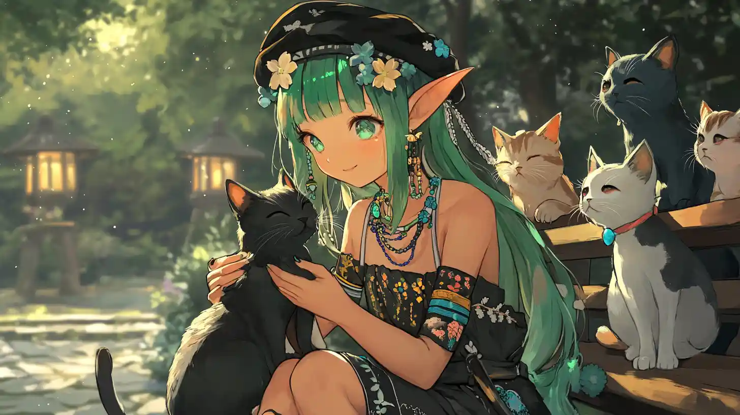 Anime girl with cats on a park bench at night