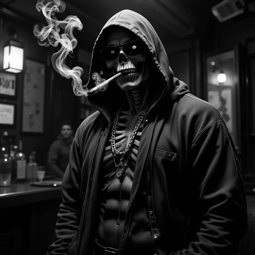 Gangster skeleton in hoodie at smoky noir bar