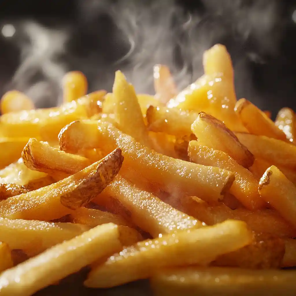 Steaming golden french fries in a tempting close up