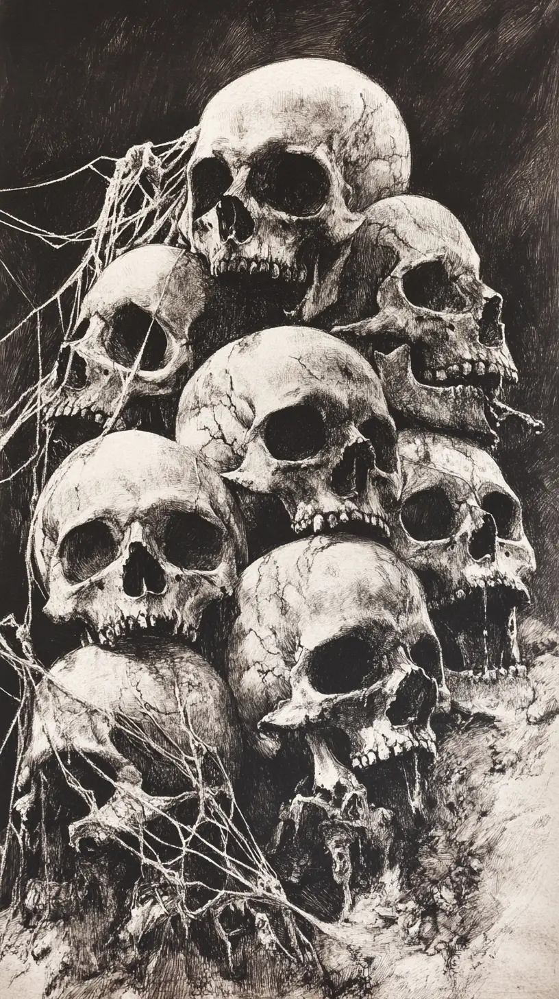 Aged human skulls wrapped in ancient cobwebs