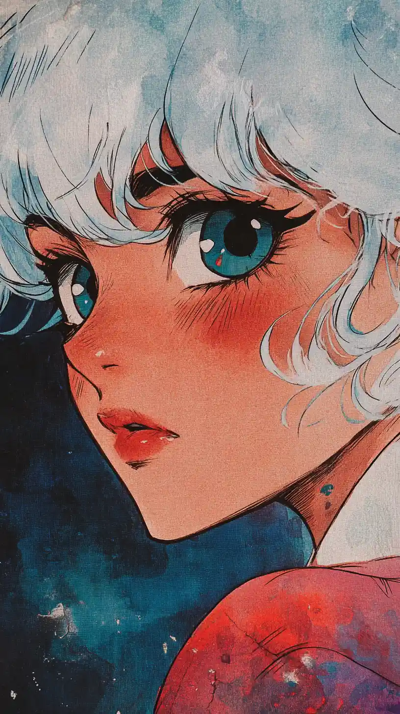Dreamy anime portrait of white haired girl on dark background