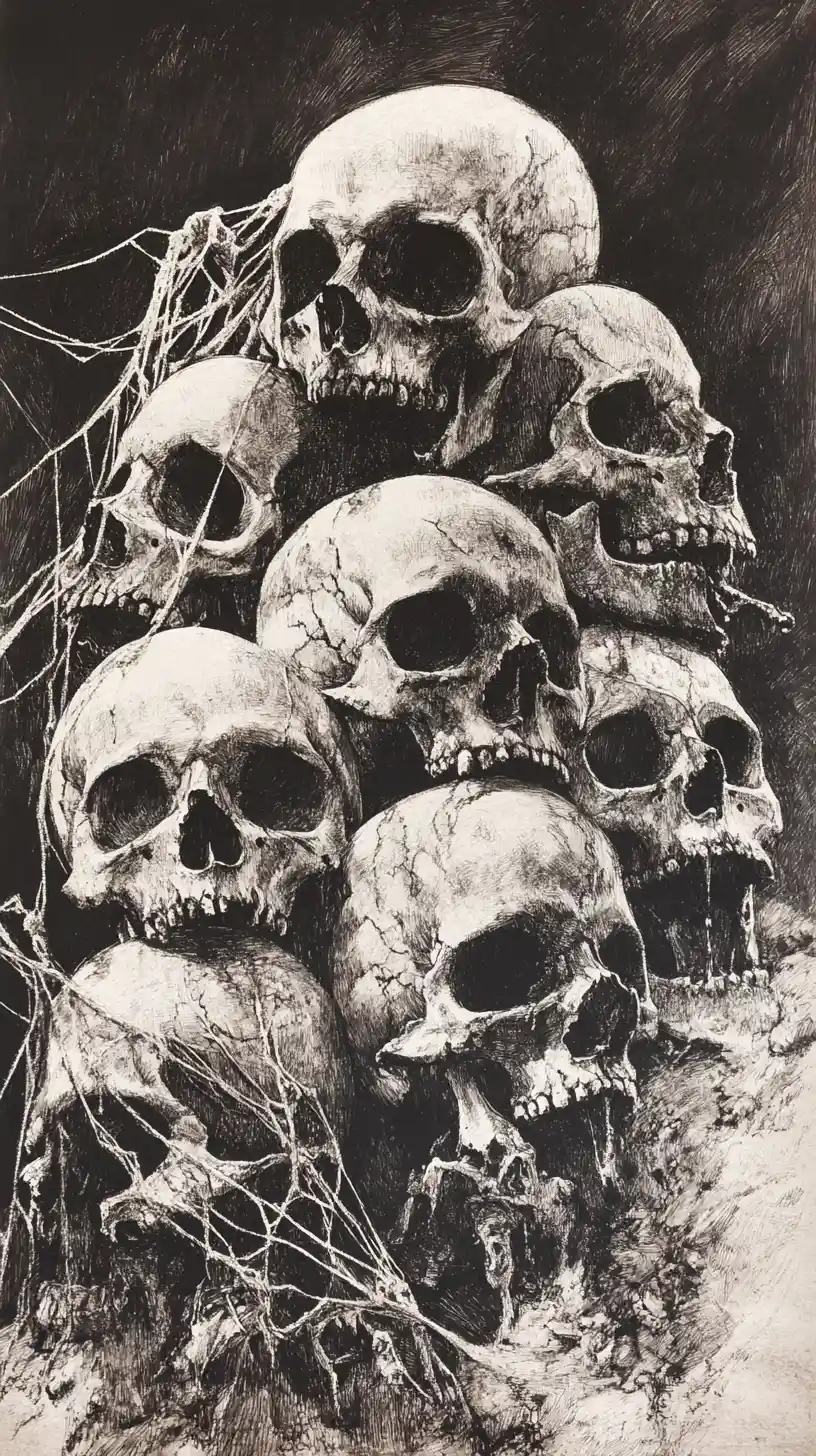 Crânes humains vieillis enveloppés de toiles d’araignée anciennes