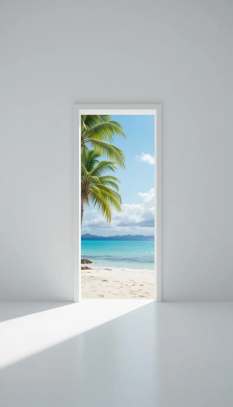 Open door revealing distant tropical beach paradise