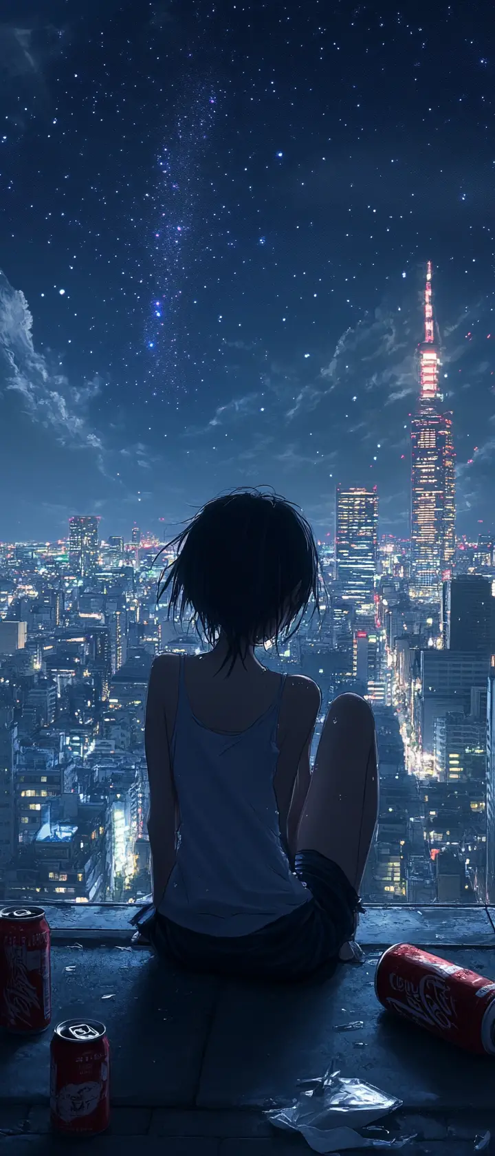 Anime girl crying on a city rooftop at night