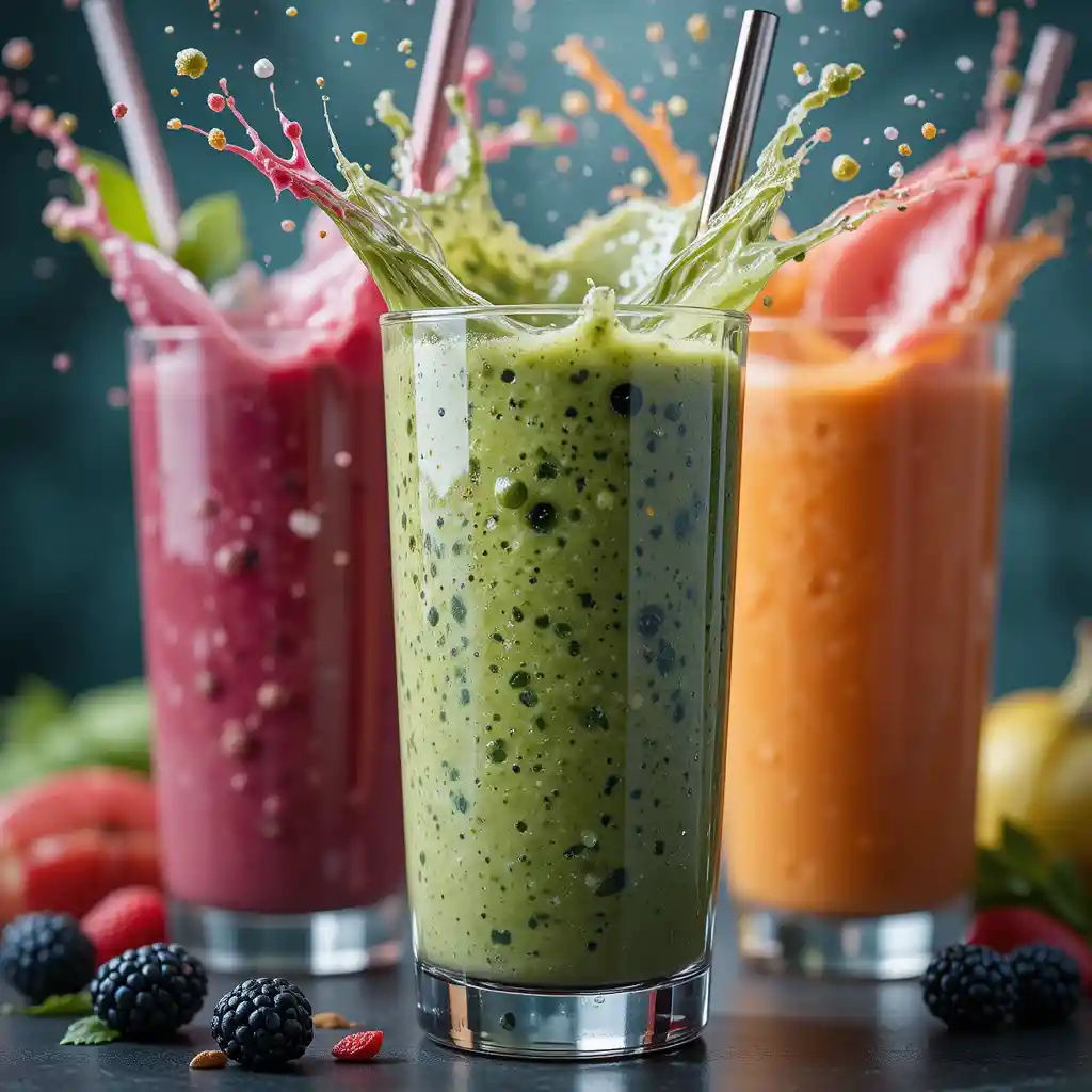 Extreme close up of three colorful fresh smoothies splash