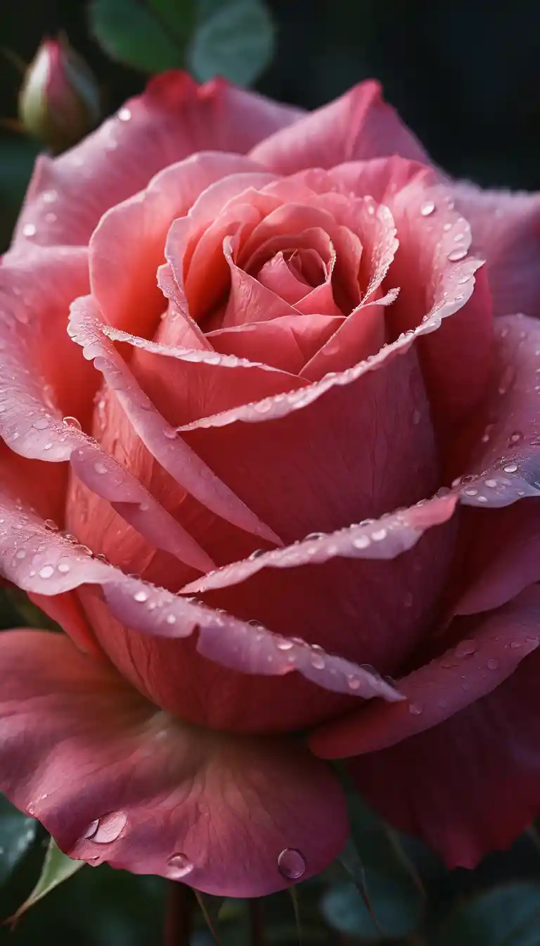 Close-up fantástico de rosa vermelha beijada pelo orvalho