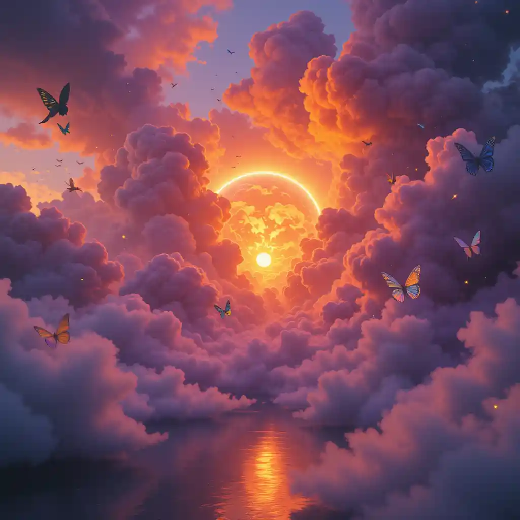Fiery sky of colorful clouds above a mystical lake