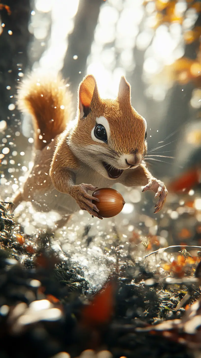 Chipmunk Chasing A Racing Acorn In Enchanted Forest
