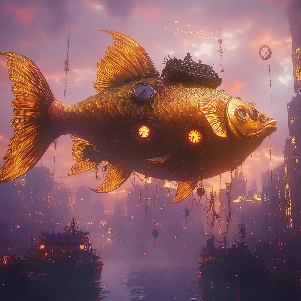 Poisson hybride doré surréaliste flottant au-dessus d’une ville abandonnée
