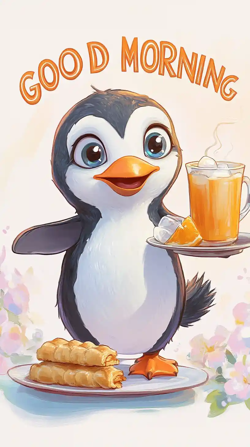Cute penguin butler serving breakfast in flower garden