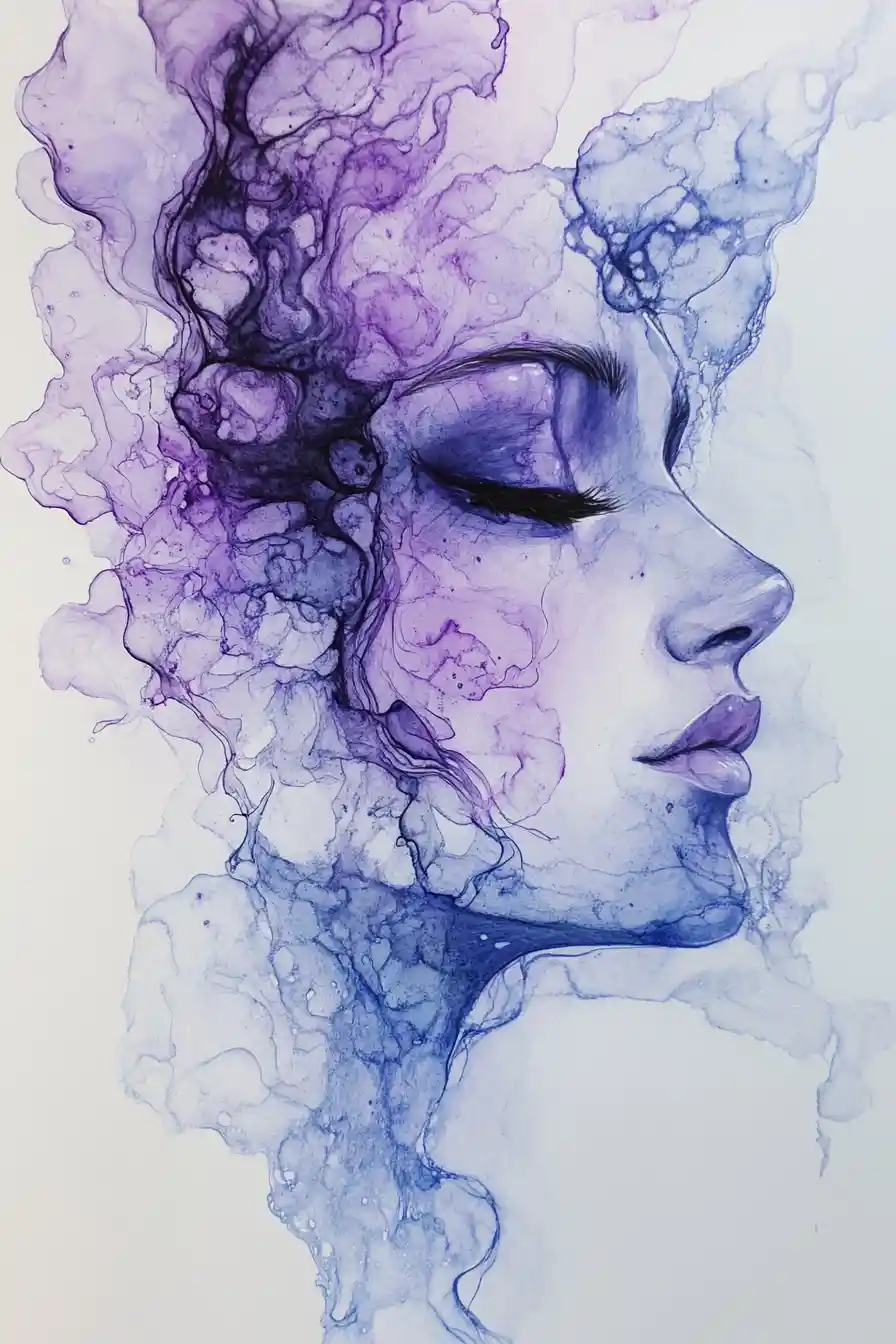 Ethereal ink portrait of a maiden on flowing pastel background