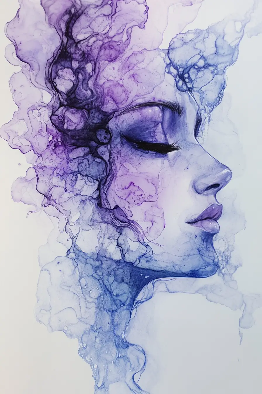 Ethereal ink portrait of a maiden on flowing pastel background