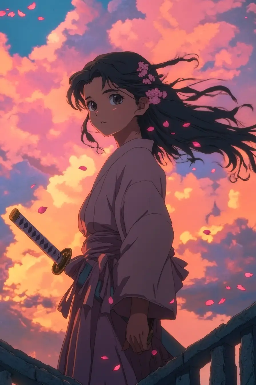 Anime swordswoman on ruined bridge at glowing sunset