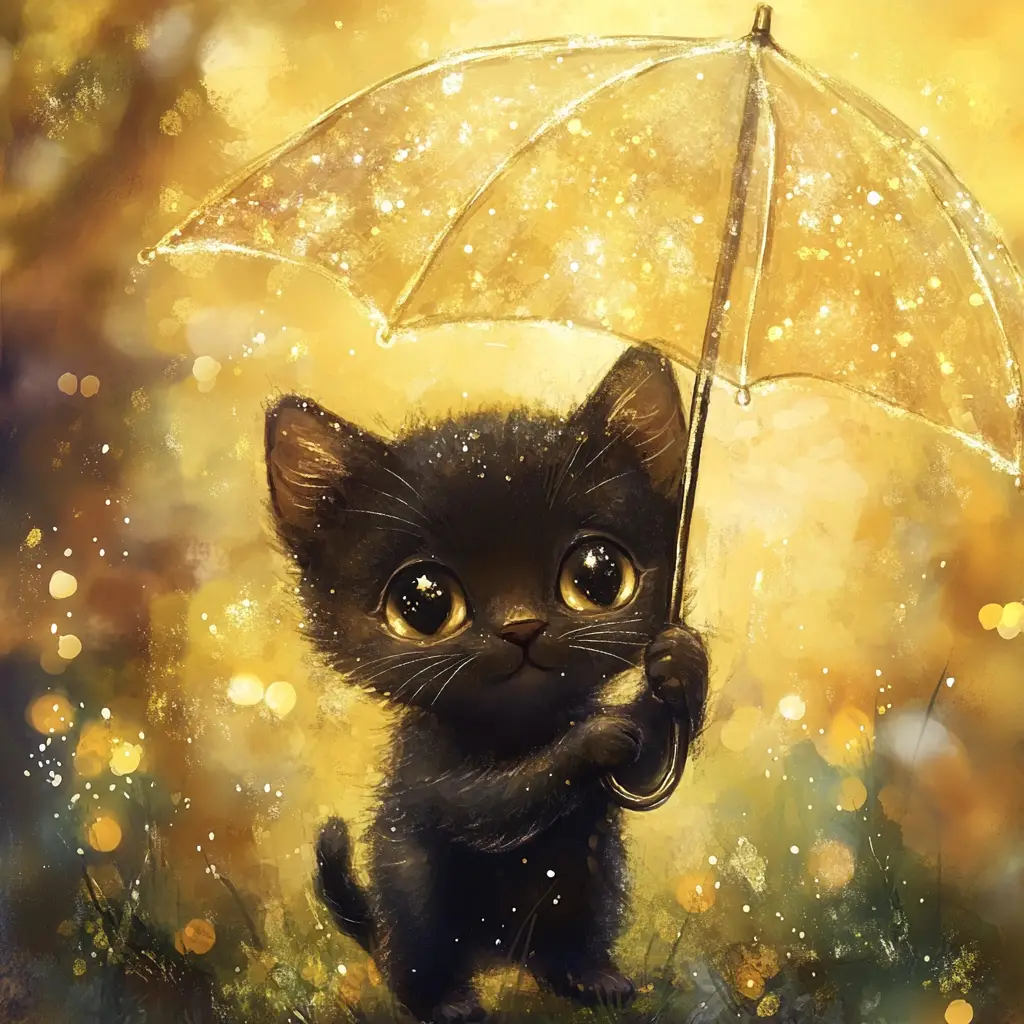 Black kitten with umbrella in a magical spring garden