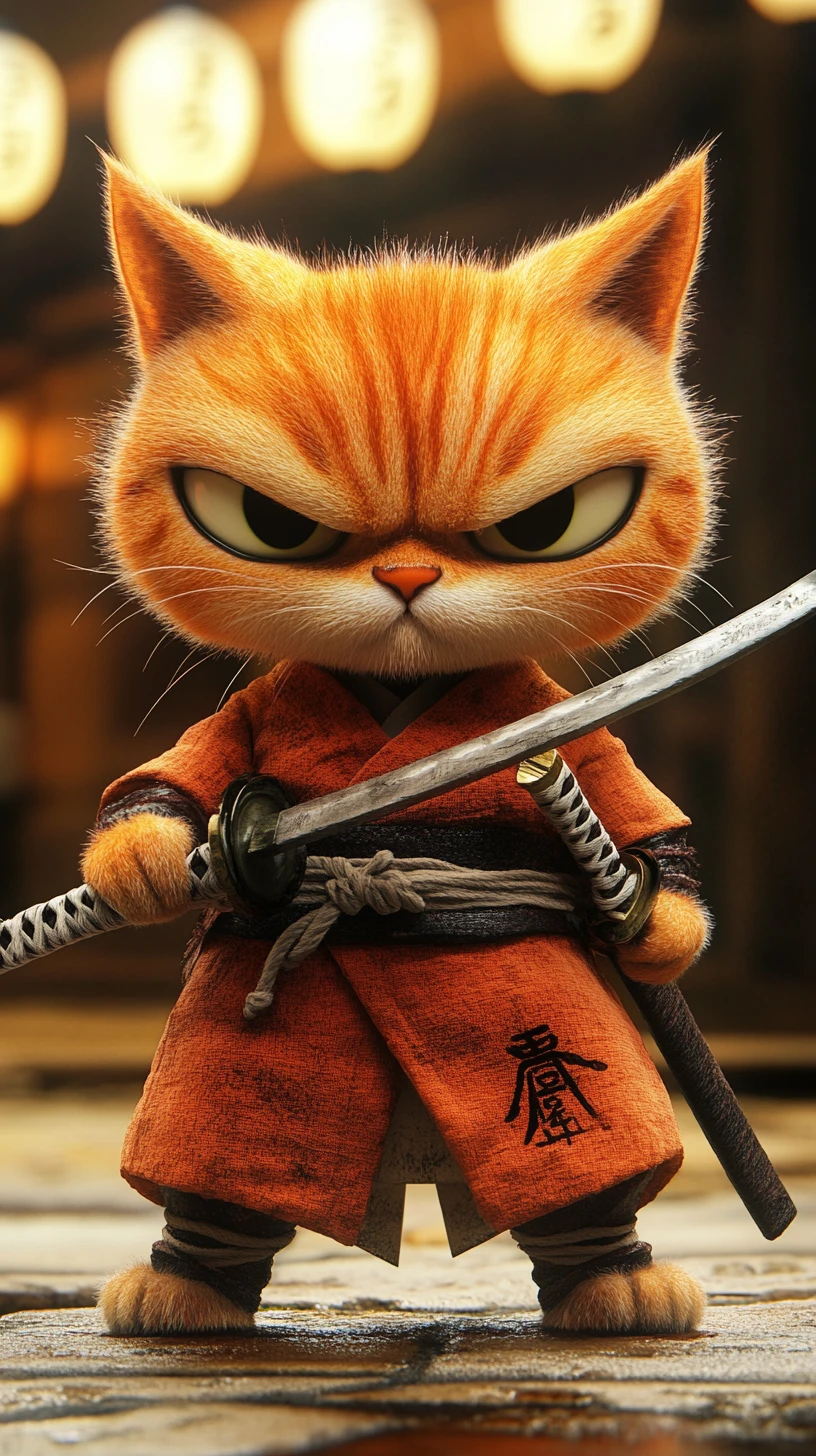 Gato samurái naranja enfadado en arte 3D de estilo Pixar juguetón